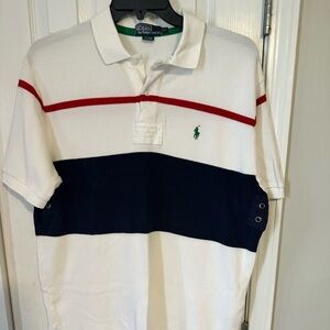 White Polo with Navy and red stripes